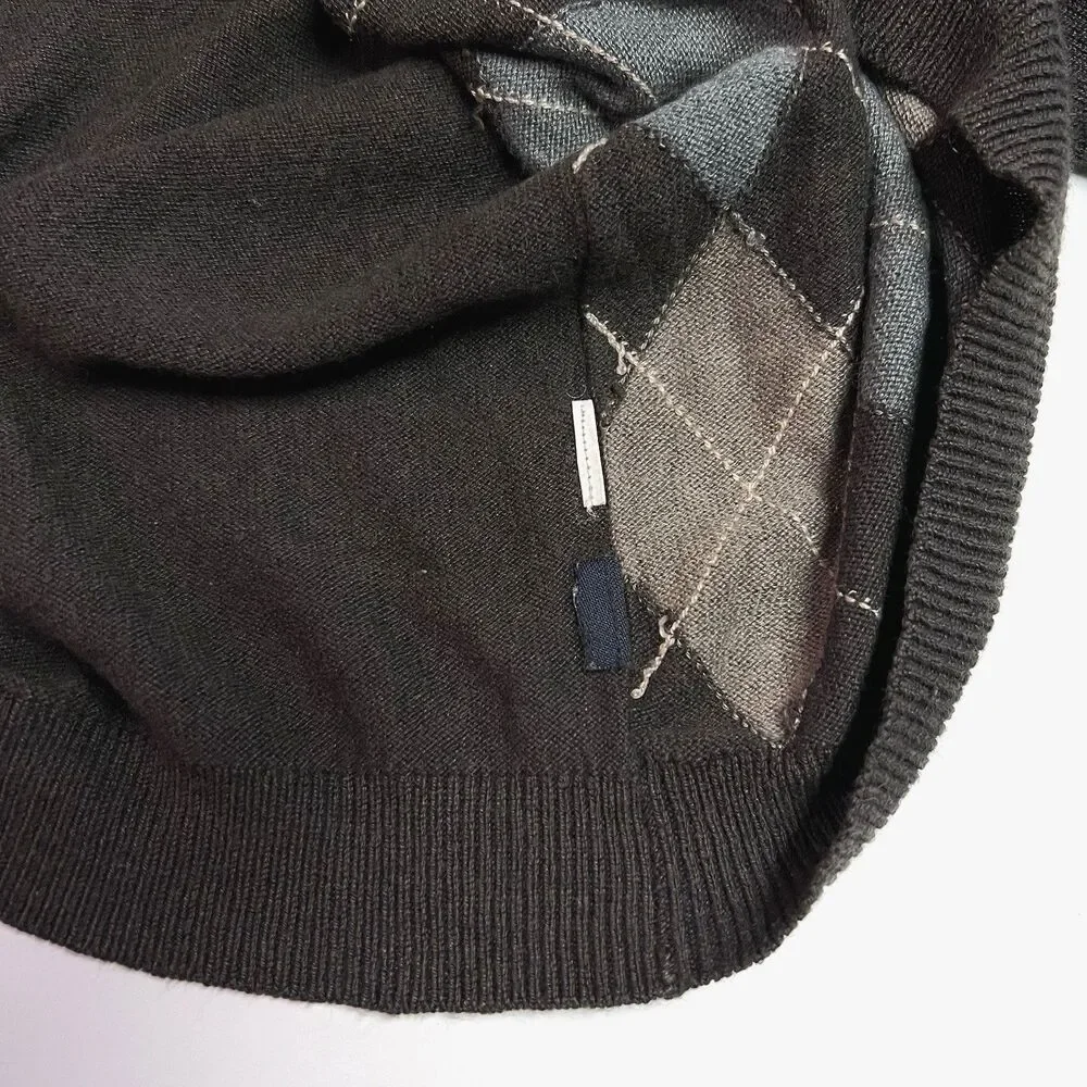 BANANA REPUBLIC Mens Silk Cashmere Diamond Argyle Vneck Sweater Small Brown Blue